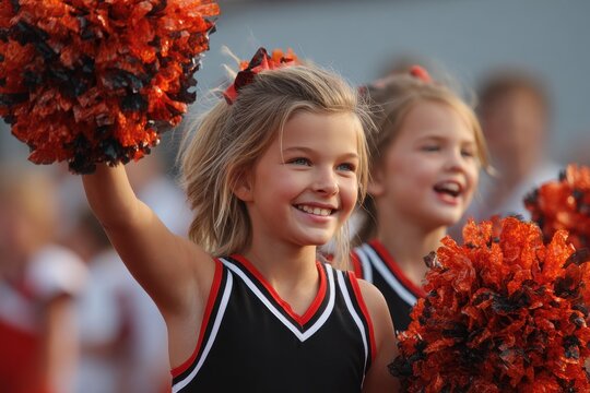 Youth Cheerleading: Beautiful Cheerleaders Cheering at Football Game