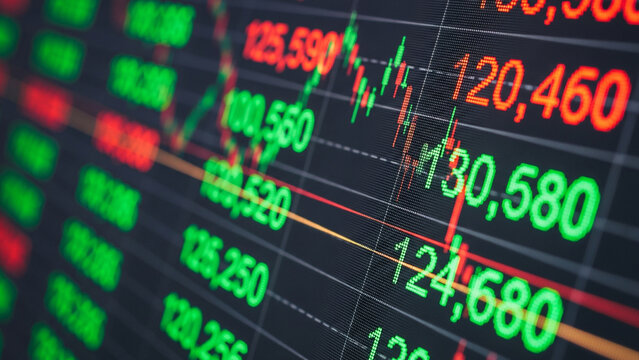 Close-up of a stock market chart displaying fluctuating numbers and lines in red and green against a dark background.