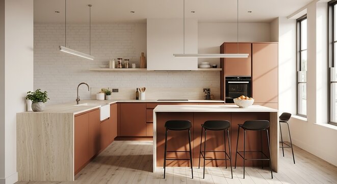 Stylish terracotta L-shaped kitchen with travertine countertop and black stools, wide-angle interior photography for modern design ads