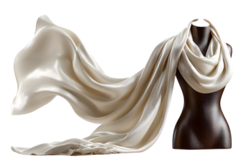 Elegant flowing ivory silk scarf draped on a mannequin, creating a luxurious fashion display