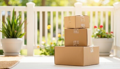Stacked delivery boxes at doorway with plants in sunny backyard - Concept of Cyber Monday  