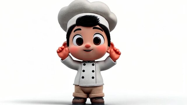 A charming cartoon illustration of a cute little boy chef with big eyes and a happy expression, wearing a professional uniform against a clean white background.