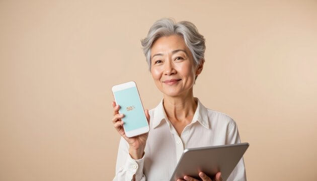 Elderly Asian woman showing smartphone with discounts for Cyber Monday  
