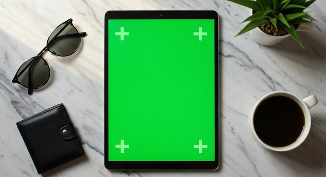 Black tablet with green screen, marble surface with lifestyle items, flat lay tech photography for stylish branding mockup