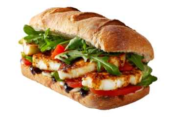 Grilled halloumi sandwich with cucumber, tomato, and mint leaves on rustic bread, isolated on white transparent background, concept of Modern Arabic lunch and street fast food