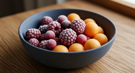 Frozen Raspberries and Melon Balls in a Grey Bowl
