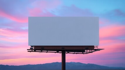 Blank Billboard Against Sunset: Empty Space, Pink Sky, Mountain Silhouette, Advertising Concept.