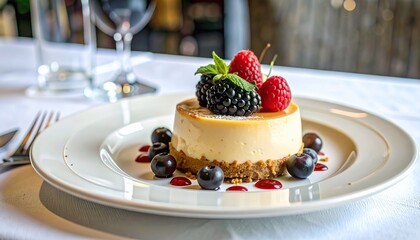 Delectable dessert with berries on a white plate, perfect for culinary delight