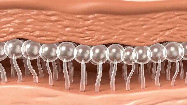 Skin tissue. Initially, the outer layer of skin appears slightly wavy or uneven, with clear, bubble-like structures (representing fat cells or a substance within) visible beneath it.