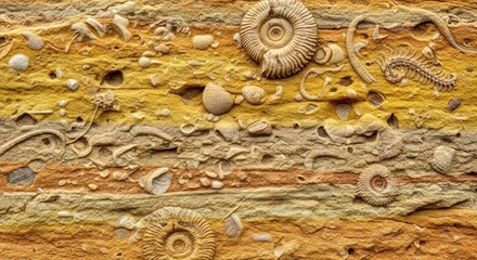 Fossiliferous rock surface with ancient marine fossils background.