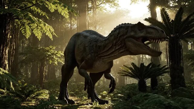 Tyrannosaurus Rex strides through lush prehistoric jungle, sunlight streaming through the dense canopy with vibrant energy