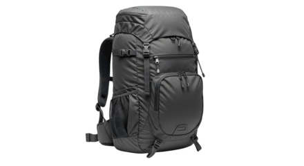 Gray outdoor-style backpack shows its waterproof material, seams, and pockets for gear product photography.
