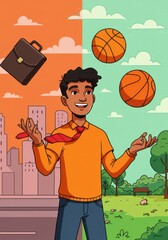 Smiling Man Juggling Briefcase and Basketballs in City and Park Setting