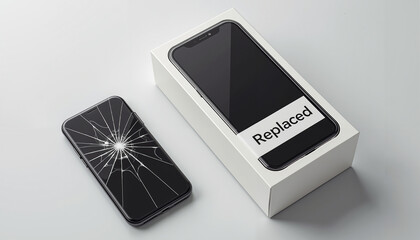 Damaged smartphone with cracked screen beside new phone in box, Replaced  