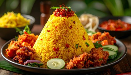 A vibrant, conical mound of fragrant yellow rice, adorned with a spicy red chili topping and surrounded by crispy fried chicken and fresh cucumber slices, offers a feast for the senses