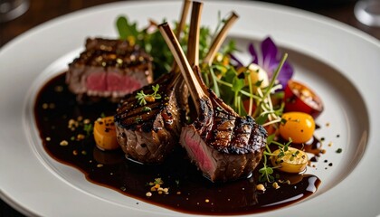Exquisite Lamb Rack Presentation with Gourmet Garnishes on a Pristine White Plate