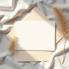 A blank card and envelope on a silky fabric with dried floral accents creating a soft aesthetic look invitation card mockup