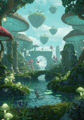 Pixelized Fantasy Landscape with Floating Mushrooms and Ruins