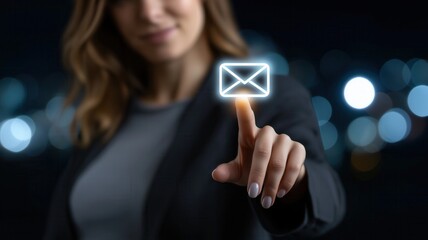 Businesswoman touching glowing email icon with finger. Represents communication, digital marketing, online messaging, and modern technology.
