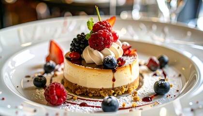 Delicious Cheesecake Dessert with Fresh Berries and Whipped Cream Presentation on a White Plate
