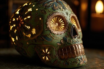 Ornate, illuminated sugar skull, displaying intricate floral designs in muted greens and golds, with glowing accents.