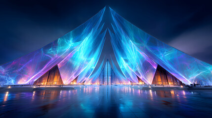 A breathtaking futuristic cathedral emerges, enveloped in vibrant colors and glowing lights, evoking wonder and serenity.