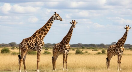 Obraz premium Three Giraffes Stand Tall in African Savannah Under a Cloudy Sky