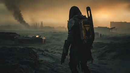 A post-apocalyptic survivor wearing tattered gear, holding a futuristic weapon, and walking through a desolate wasteland .