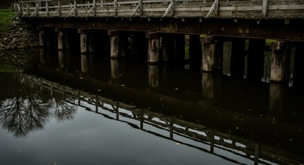 Rustic Wooden Bridge Reflecting in Dark Calm Water