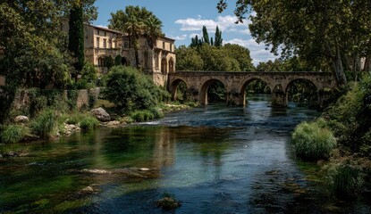 Scenic River and Stone Bridge