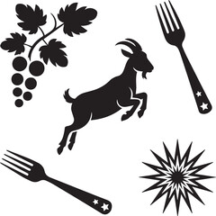 A collection of silhouettes including a leaping goat, fresh grapes on a vine, two forks, and a starburst design