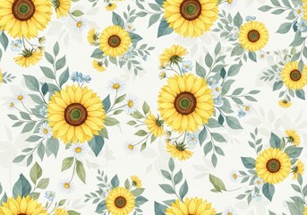 Seamless Pattern of Sunflowers, Daisies, Blue Flowers and Leaves on Light Background