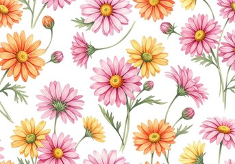 Seamless Watercolor Pattern featuring Pink, Orange, Yellow Gerberas on White