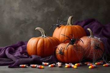Halloween pumpkins with spiders and cobwebs rest upon a dark background, draped in a purple fabric.