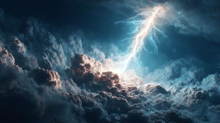 Fototapeta premium Lightning Pierces The Sky In Thunderstorm Clouds, Dreamy Atmospheric Discharge And Light Effects Wonder