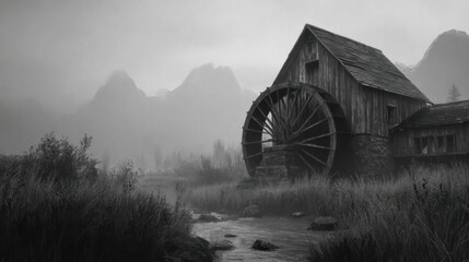 A weathered wooden mill beside a misty stream, nestled in a mountainous landscape