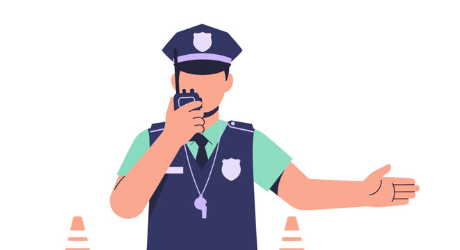 Traffic police officer directing cars with a radio.