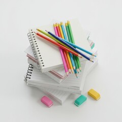 Fototapeta premium Colorful Pencils and Notebooks on White Background