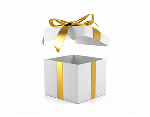 3d  Open white gift box with golden ribbon and bow gold ribbon