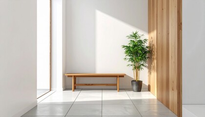Fototapeta premium Modern Minimalist Interior Design, Wooden Bench, Green Plant