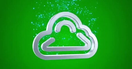 Silver cloud symbol with Wi-Fi signal on vibrant green background with glowing particles - Powered by Adobe