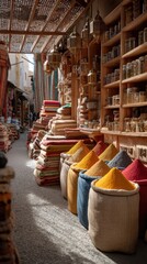 Vibrant Moroccan Souk with Spices and Carpets
