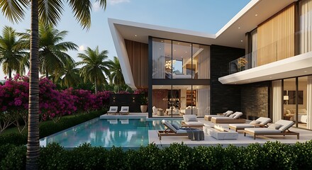 Fototapeta premium Modern Luxury Villa with Pool and Tropical Garden.