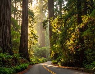 Obraz premium Majestic redwoods along a winding road create an immersive natural landscape