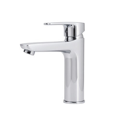 A clean, shiny chrome kitchen faucet with a single drop of water hanging from the tap, isolated on a white background