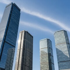 Upward View of Modern Tall Office Buildings with Blue Glass Facades against the Sky