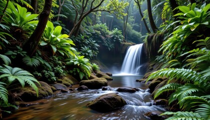 Fototapeta premium Serene Tropical Rainforest with Waterfall and Lush Greenery Reflecting Tranquility in Nature's Embrace