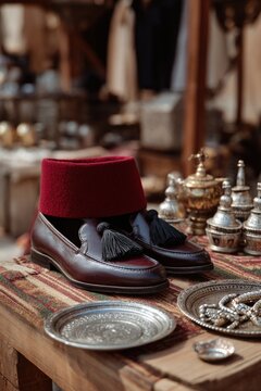 Traditional Algerian Fez and Chechia Shoes with Silver Jewelry