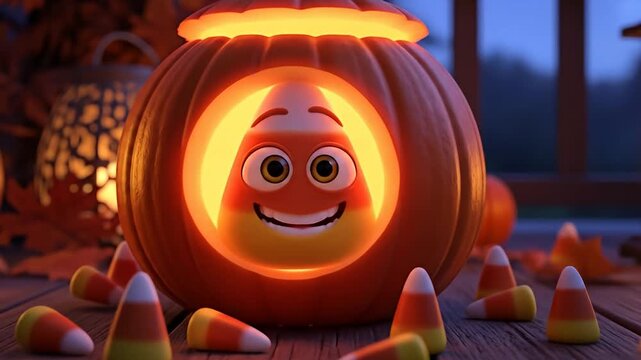 Cheerful glowing pumpkin with candy corn scattered around, set in a cozy autumn scene