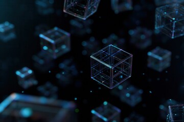 Dynamic 3D cubes floating in space with glowing lines, modern technology concept